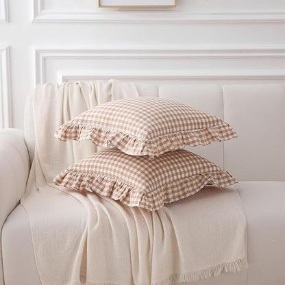 2 Pack Taupe White Plaid Ruffle Gingham Throw Pillow Covers, 100% Washed Cotton - Image 3