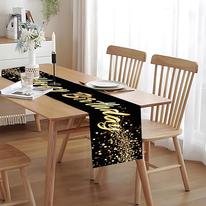Elegant Black and Gold Happy Birthday Table Runner – 13x72 Inch Birthday Table - Image 6