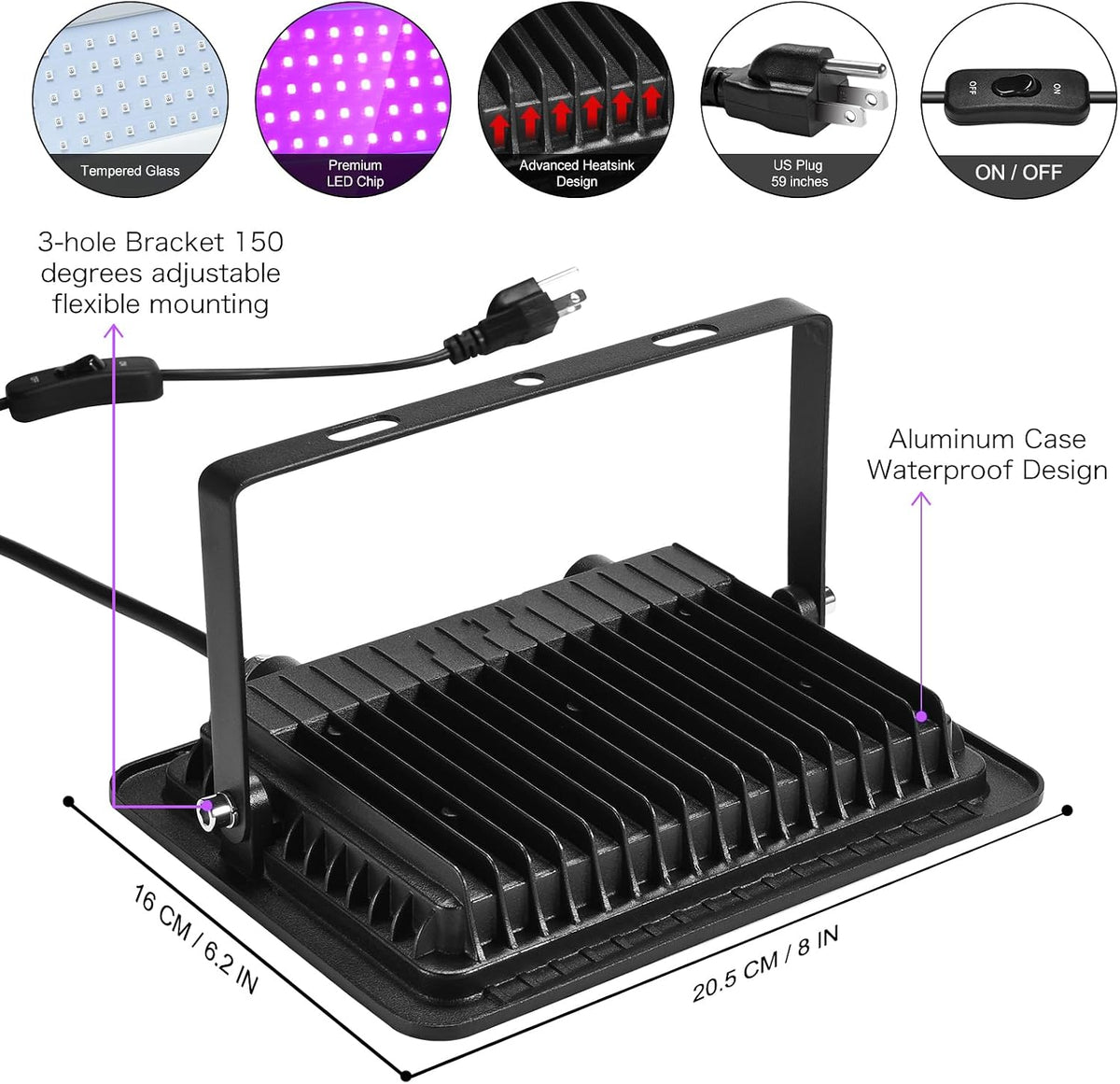XYCN 2 Pack 150W Black Light Flood Light, Blacklight with Plug, IP66 Waterproof for Glow Party, Halloween, Neon Glow, Aquarium,Fluorescent Poster,Body Paint,Glow in The Dark