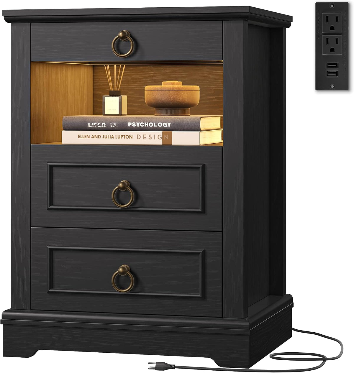 hostack black led nightstand with charging station, 3 shown in use