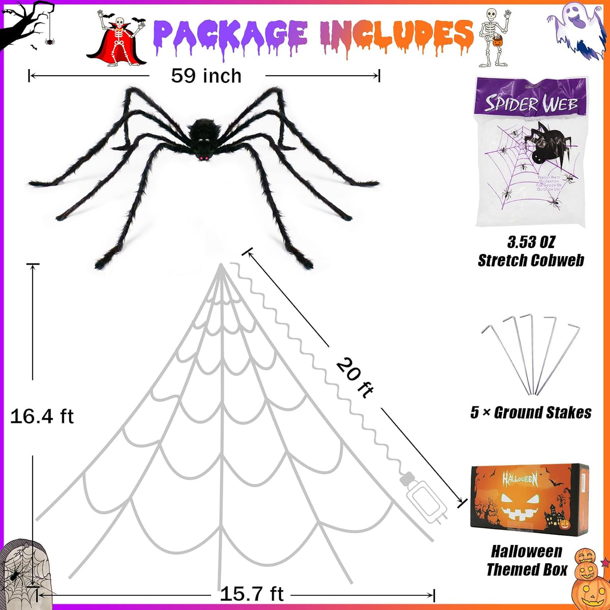 Halloween Spider Web Lights Decoration 455 LED Spider Webs Halloween Decorations Outdoor with 59" Large Spider & 3.53 oz Stretch Cobweb 16.4 Ft Light Up Giant Spider Web (Purple & Orange)