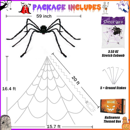 Halloween Spider Web Lights Decoration 455 LED Spider Webs Halloween Decorations Outdoor with 59" Large Spider & 3.53 oz Stretch Cobweb 16.4 Ft Light Up Giant Spider Web (Purple & Orange)