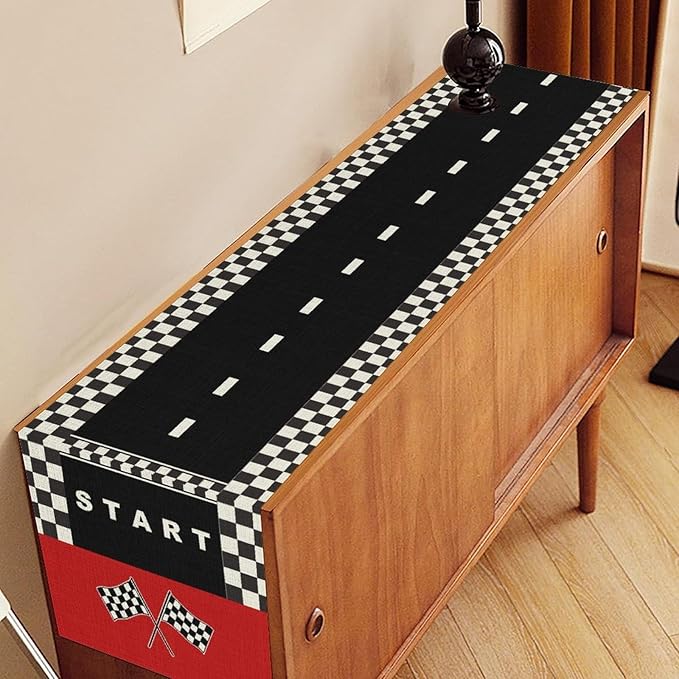 Race Car Table Runner, Kids Themed Race Track Black and White Checked Table - Image 3
