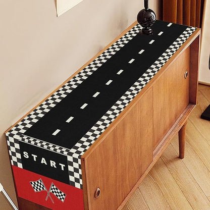 Race Car Table Runner, Kids Themed Race Track Black and White Checked Table - Image 3
