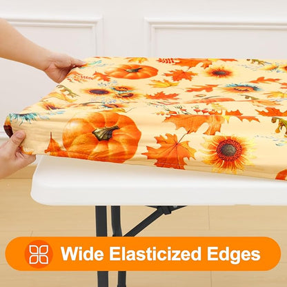 Smiry Plastic Thanksgiving Tablecloth, Sunflower & Pumpkin Wipeable Flannel - Image 2