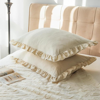 Pillow Shams Set of 2 Washed 100% Cotton Retro Ruffle Flounces Trim Solid Beige - Image 8