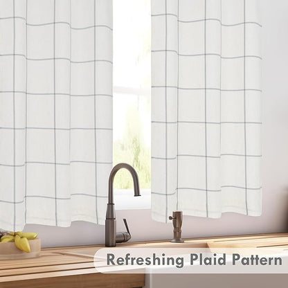 DriftAway Kitchen Curtains Striped Tier Linen Short Curtains Windowpane Plaid - Image 7