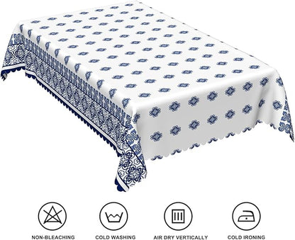 70x140inches Blue Medallion Print Tablecloth Mykonos Blue Mediterranean Tile - Image 6