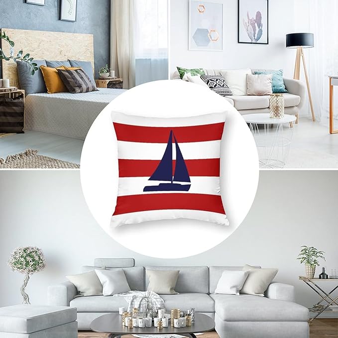 Myshe Square Nautical Navy Blue Sailboat On Red Stripes Throw Pillow Cover - Image 5