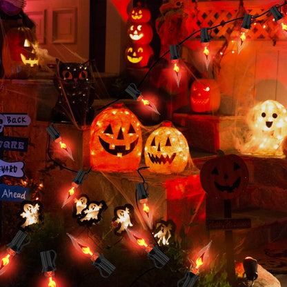 PASUTO 27.8Ft Halloween Decor Lights Flickering Flame String Lights with 25+4 Pack Clear Glass Flame Light Bulbs for Fall Decor Halloween Decorations Indoor Outdoor Home Party Fireplace, E12 Base