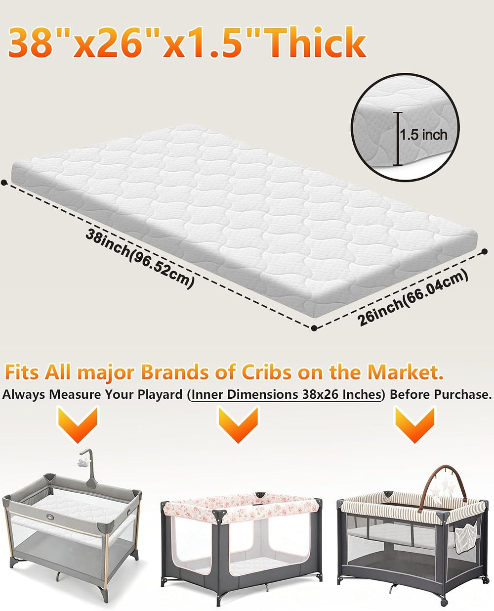 Pack and Play Mattress, 38"x26"x1.5" Portable Playard Mattress...