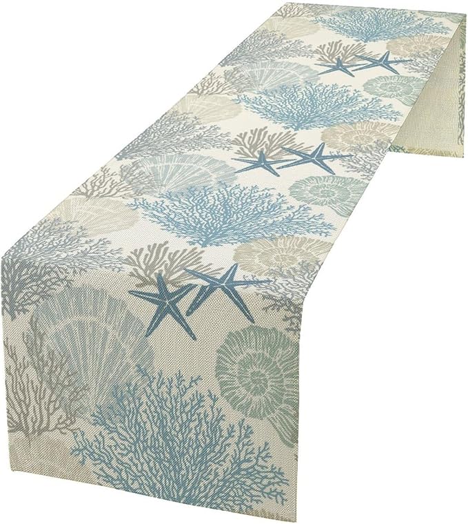 Blue Teal Coral Table Runners, Summer Beach Starfish Coastal Coffee Table by Unknown