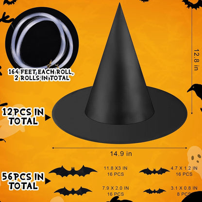 80 Pcs Halloween Hanging Witch Hats and Taper Floating Candles Set