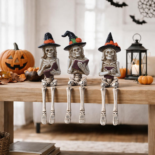 Dlfghos 3 Pieces Halloween Skeleton Statue Halloween Skull Figurine Home Decor Reading Skeleton Figurines Decorations for Indoor Fireplace Home Kitchen Desk Office Party