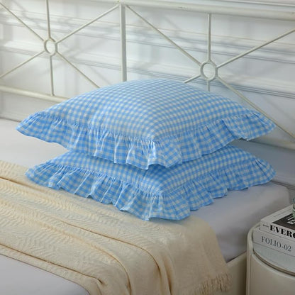 2 Pack Vintage Sky Blue Plaid Ruffle Throw Pillow Covers, Washed Cotton - Image 3