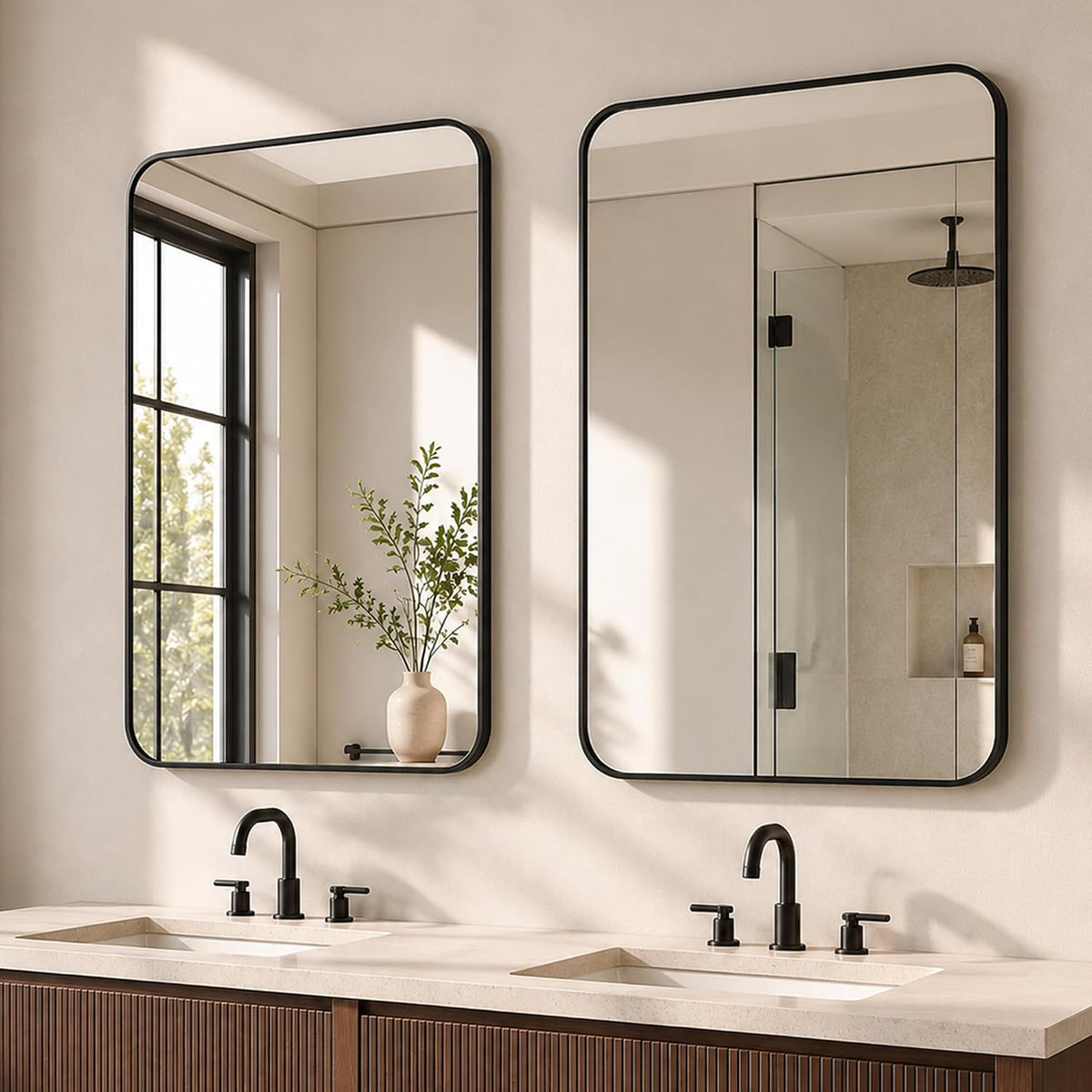 24x36 inch matte black rounded rectangle vanity mirrors, close-up detail