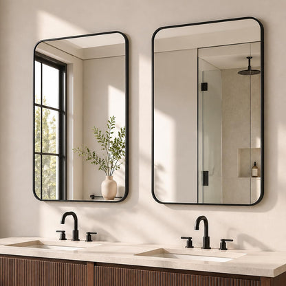 24x36 inch matte black rounded rectangle vanity mirrors, close-up detail