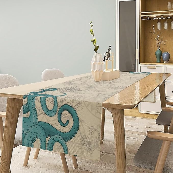 Blue Nautical Octopus Table Runner Vintage Coastal Ocean Anchor Beach Map - Image 2