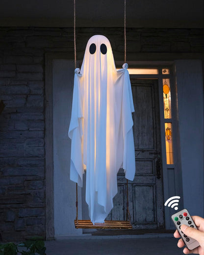 Halloween Decorations Outdoor - 5 FT Large Hanging Swing Ghost Halloween Decor with String Lights, Spooky Cute Ghosts Decorations for Front Porch Yard Tree