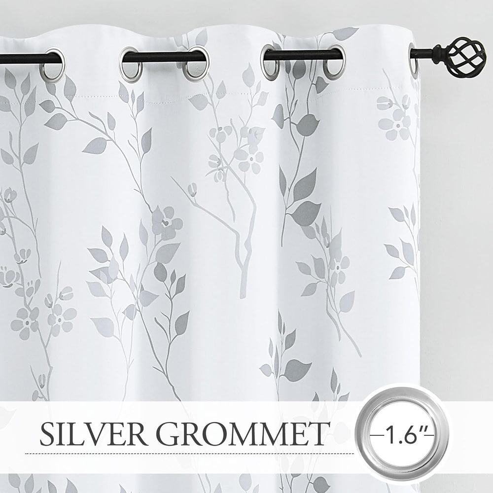 Beauoop Floral 100% Blackout Curtains for Bedroom Grey White 52X84 2 Panels