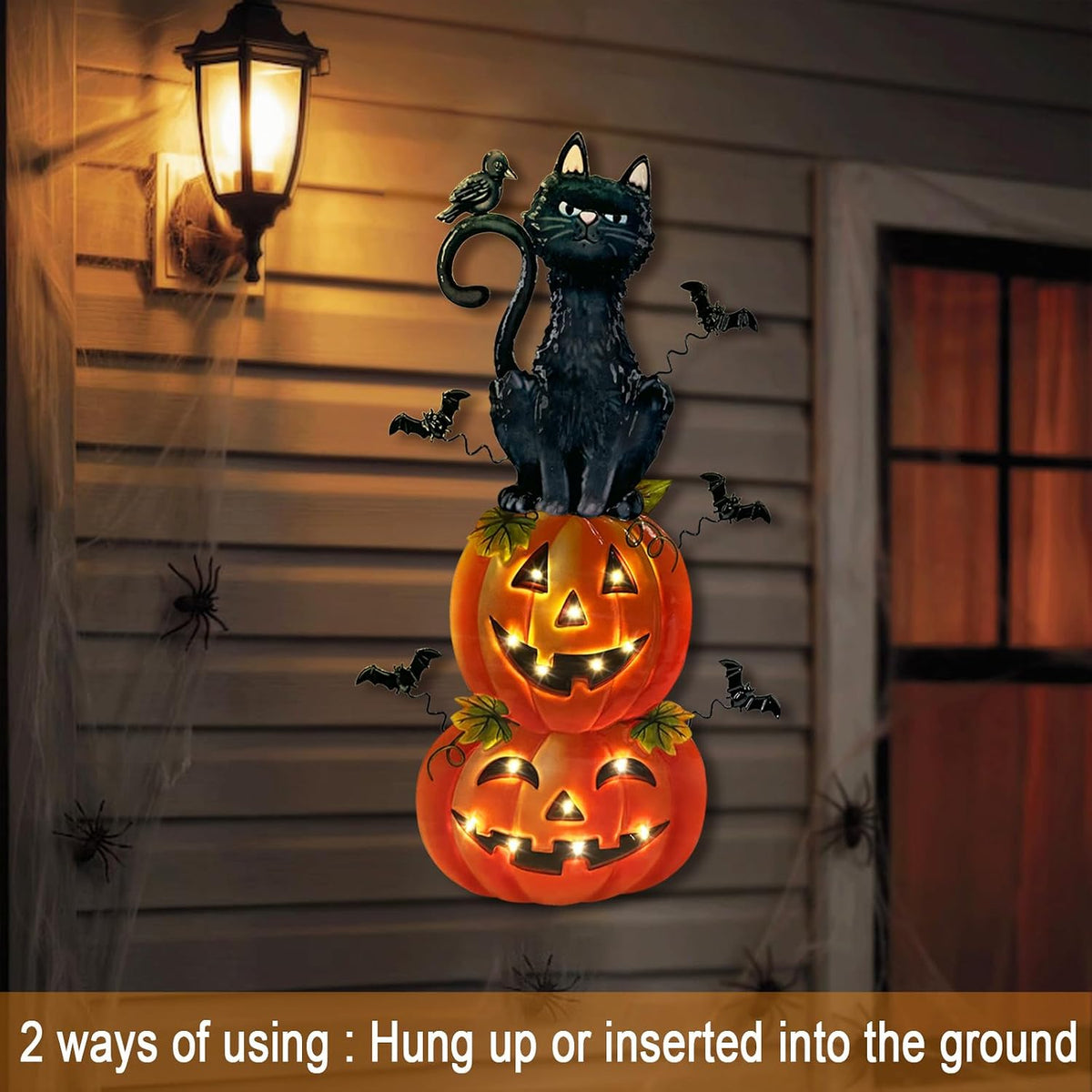 Outdoor Halloween Decorations,Metal Black Cat & Jack'O Lighted Timer Stakes
