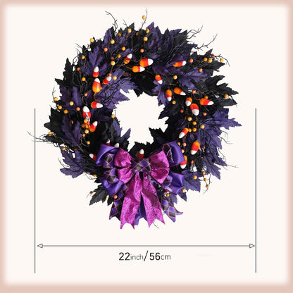 idyllic 22 Inches Halloween Door Wreath, Black Halloween Wreaths for Front Door with Purple Bow Witch Ornaments Decorations