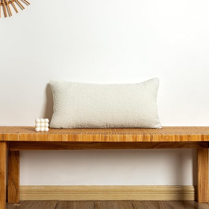 12x24 inch Boucle Lumbar Pillow Cover, Cream Woven Texture Neutral Long Pillow by JoraLion