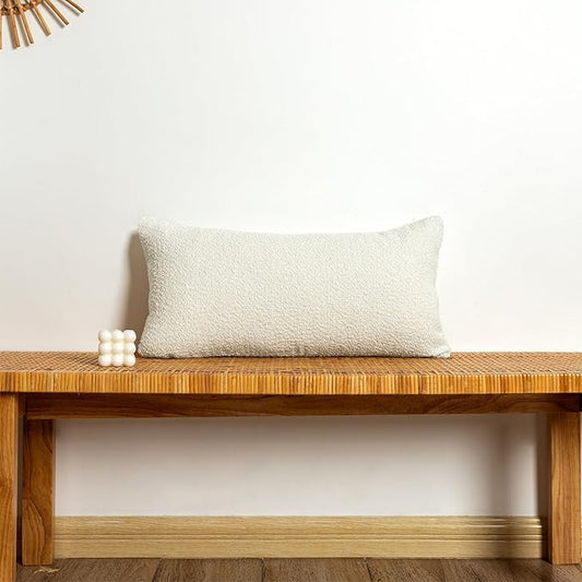 12x24 inch Boucle Lumbar Pillow Cover, Cream Woven Texture Neutral Long Pillow by JoraLion