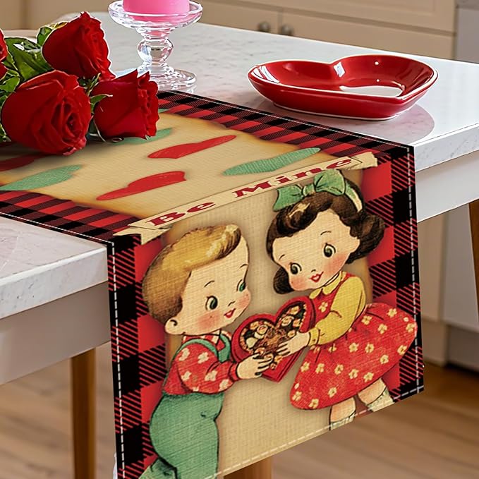 Vintage Valentines Day Kids Dining Table Runner, Retro Boy Girl Red Blue Love - Image 5