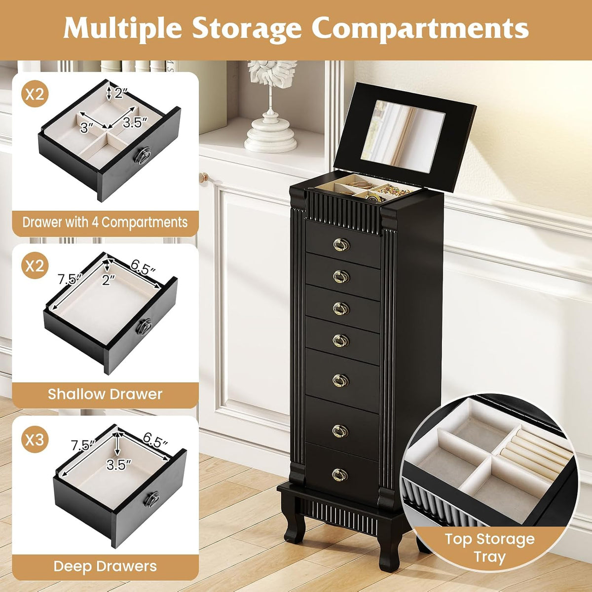 giantex standing jewelry cabinet with 7 drawers, flip-top showing dimensions