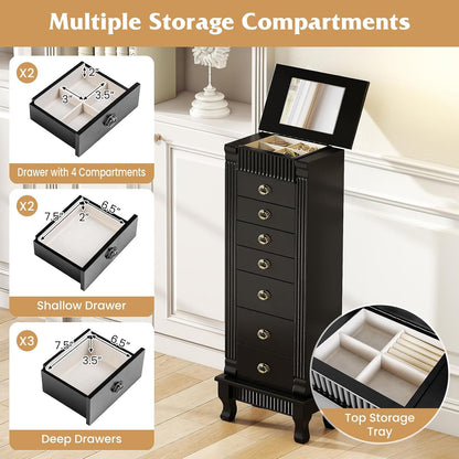 giantex standing jewelry cabinet with 7 drawers, flip-top showing dimensions