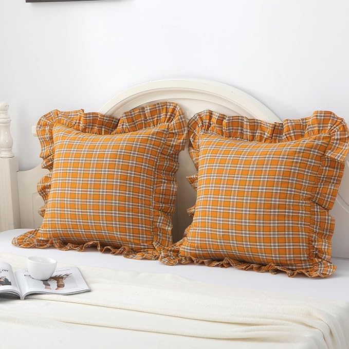 Burnt Orange Tartan Plaid Throw Pillow Cover Farmhouse Ruffle Pillow Shams Set - Image 2