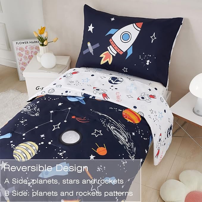 PERFEMET 4 Pcs Toddler Bedding Dark Blue Outer Space Printed Toddler Bed Set - Image 3