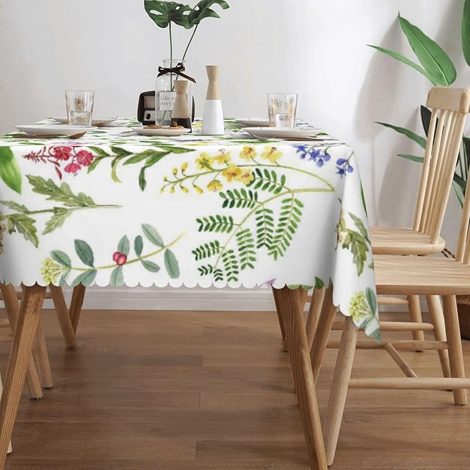 Botanical Tablecloth Green Herbs Plants Flowers Leaves Watercolor Natural Table - Image 4