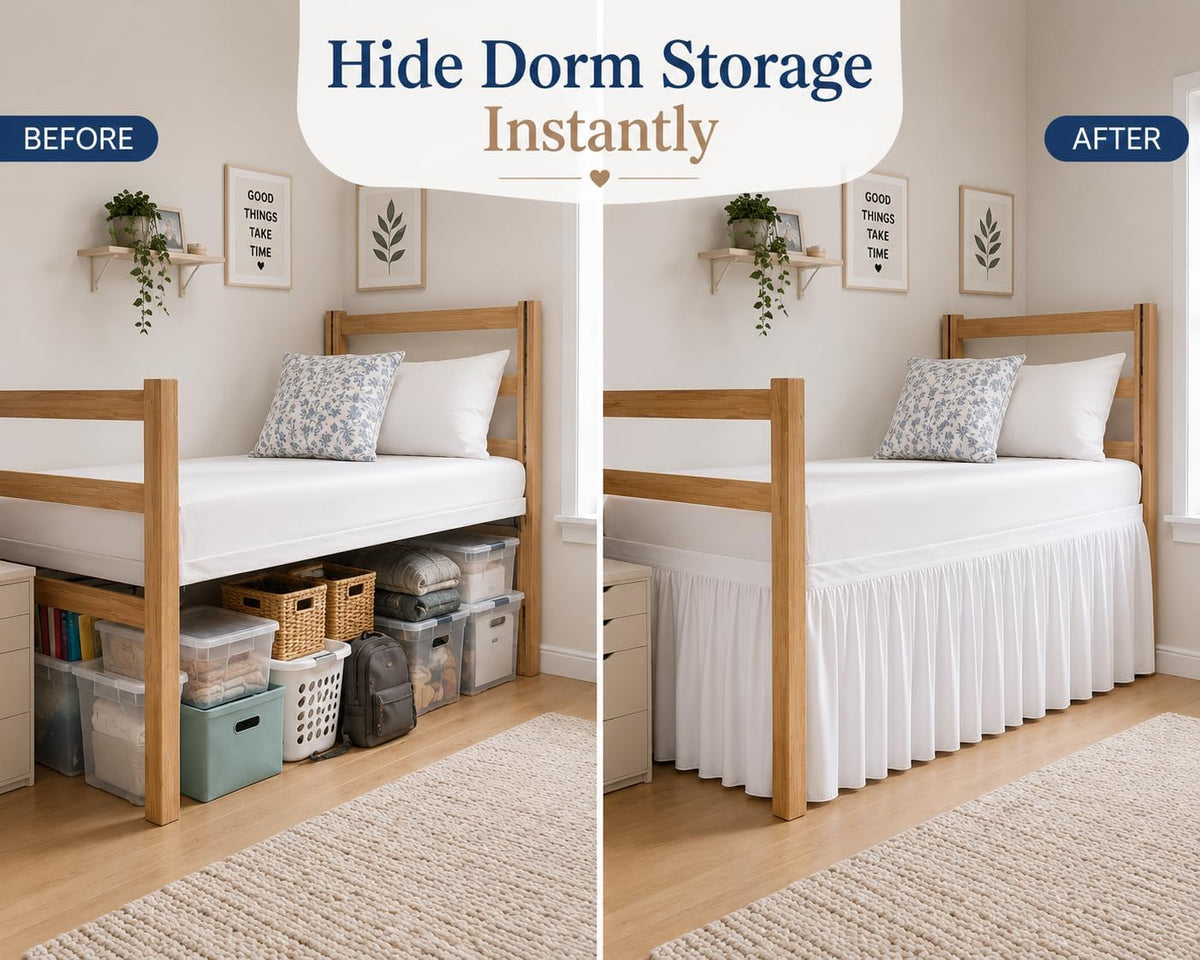 dorm bed skirt full xl 32 inch drop shown in use