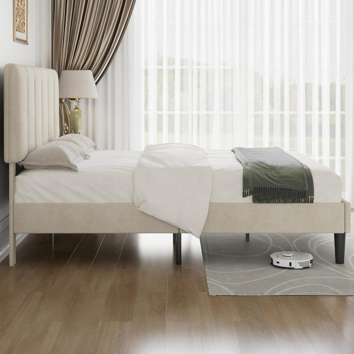 vecelo full size bed frame with upholstered headboard, front angle view