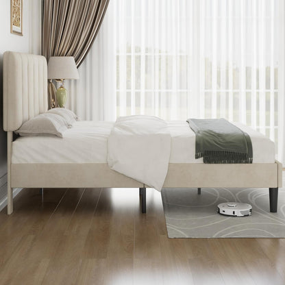 vecelo full size bed frame with upholstered headboard, front angle view
