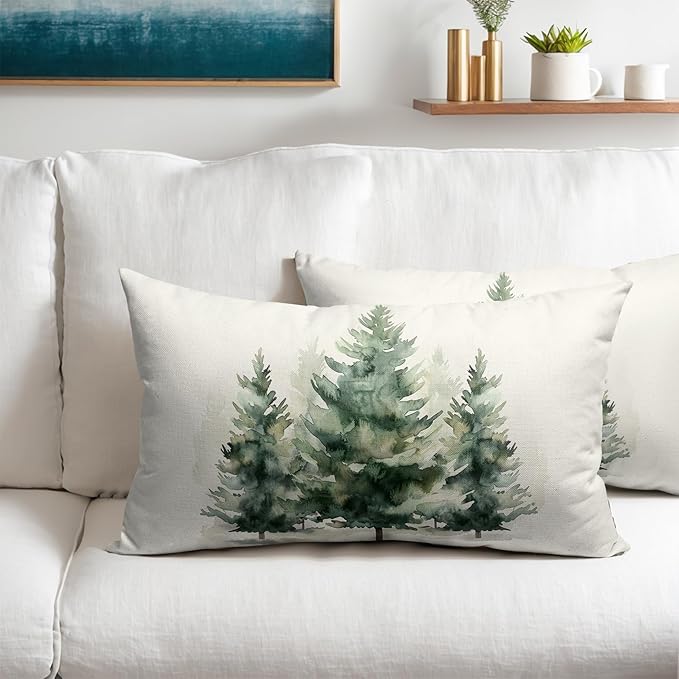 Watercolor Green Tree Throw Pillow Covers 20x12 Inch Set of 2 Green Christmas - Image 5
