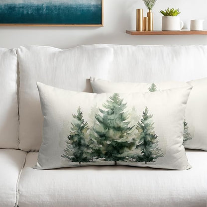 Watercolor Green Tree Throw Pillow Covers 20x12 Inch Set of 2 Green Christmas - Image 5