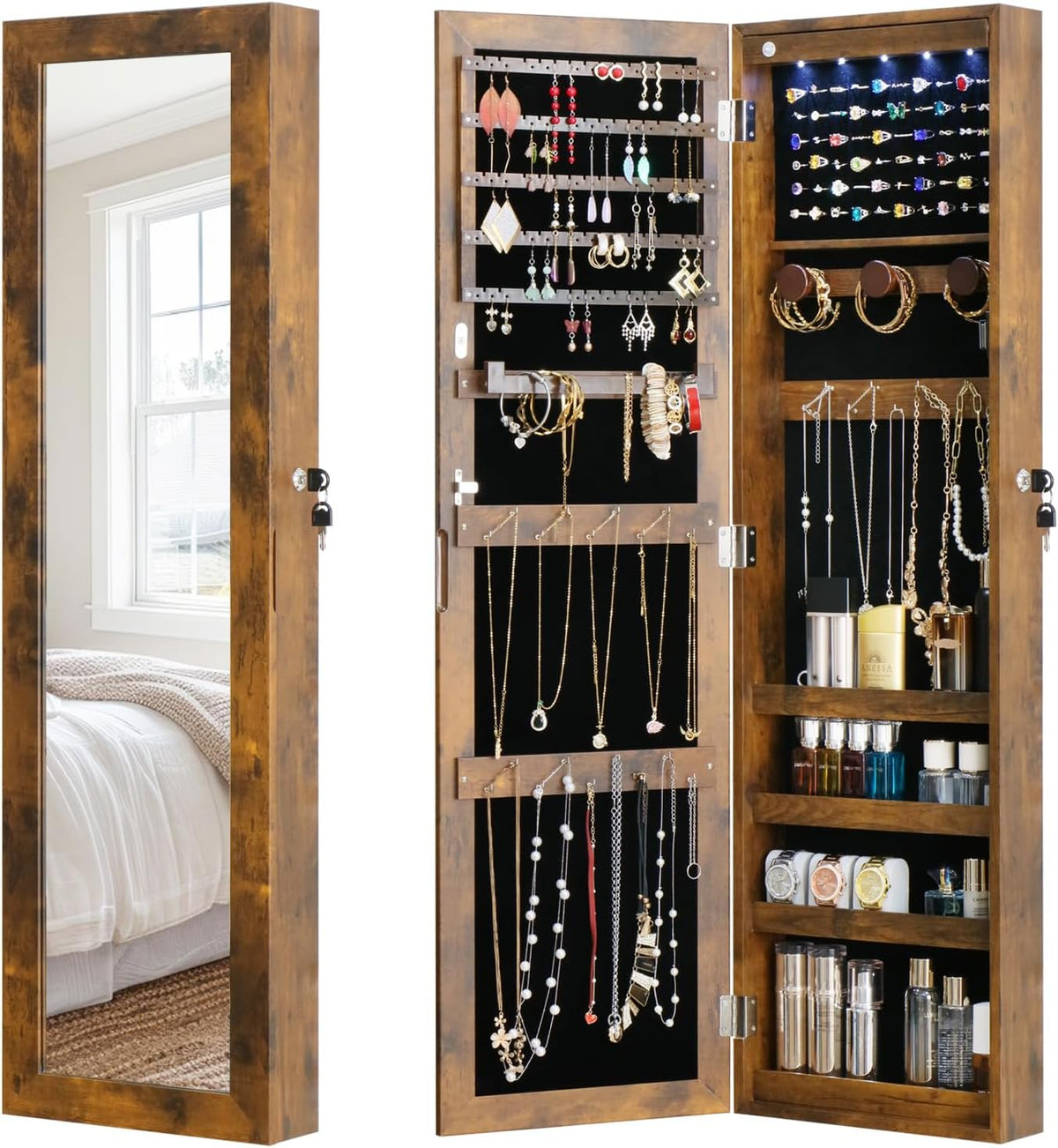 full length mirror jewelry cabinet organizer lockable door, main product view