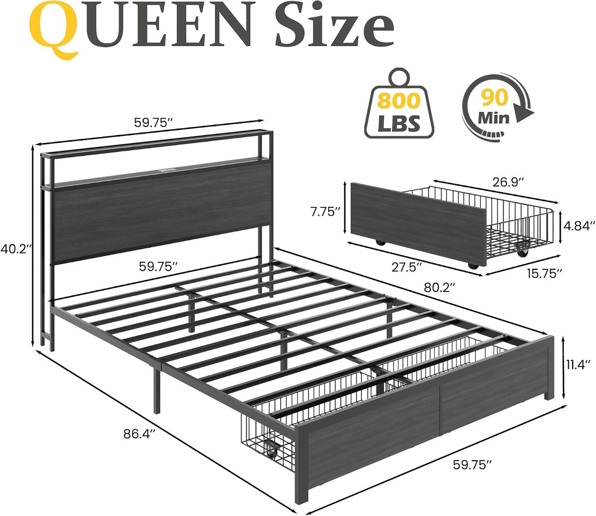 queen bed frame with charging station, led lights shown in use