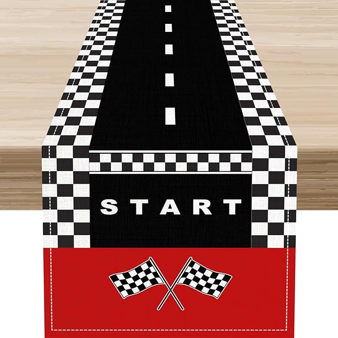 Race Car Table Runner, Kids Themed Race Track Black and White Checked Table by Unknown