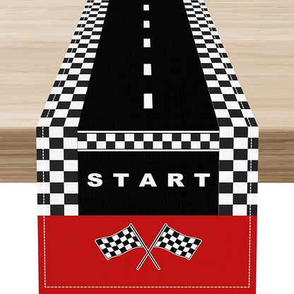 Race Car Table Runner, Kids Themed Race Track Black and White Checked Table by Unknown
