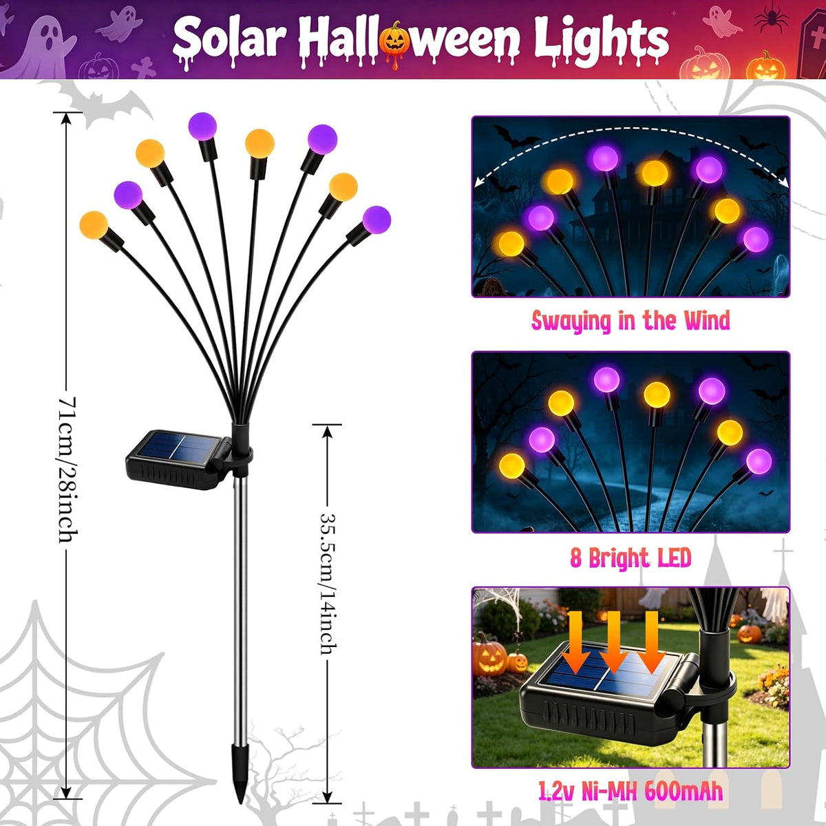 Kohlrabi Halloween Decorations Outdoor, 4 Pack 32 LED Purple and Orange Solar Firefly Lights Waterproof, Sway by Wind, Solar Wind Swaying Light for Garden Yard Patio Pathway Decoration