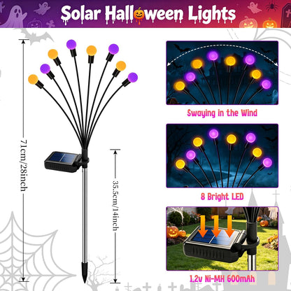 Kohlrabi Halloween Decorations Outdoor, 4 Pack 32 LED Purple and Orange Solar Firefly Lights Waterproof, Sway by Wind, Solar Wind Swaying Light for Garden Yard Patio Pathway Decoration