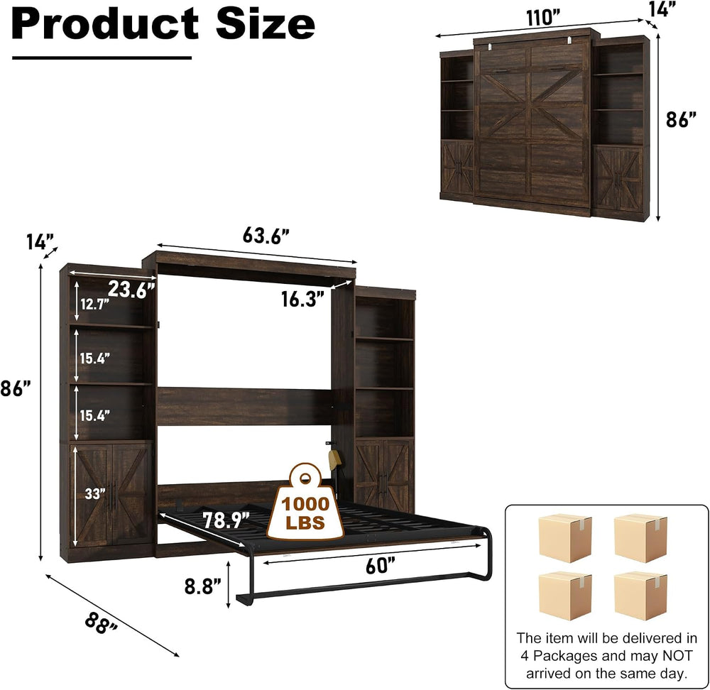 Hlivelood Queen Size Murphy Bed w/2 Storage Cabinet&2 LED Light, Farmhous...