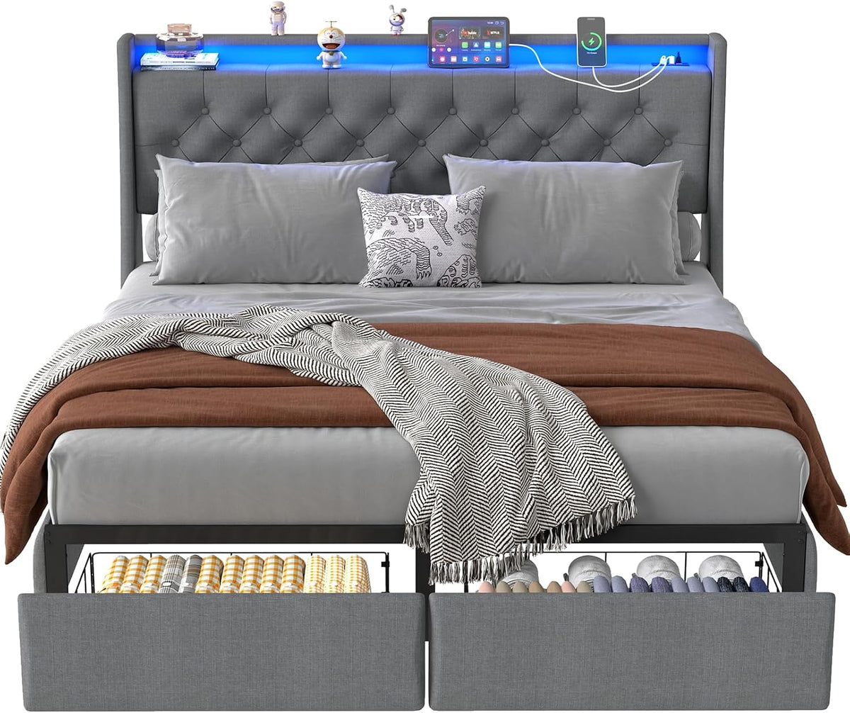 upholstered wingback full bed frame with 2 storage, view 9