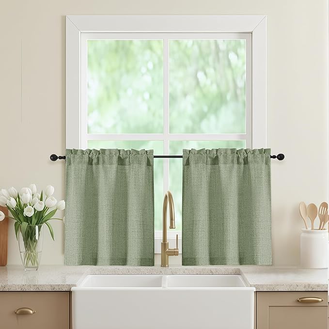 Sage Green Kitchen Curtains 24 Inch Length 2 Panels, Light Filtering Faux Linen by WelvetBLK