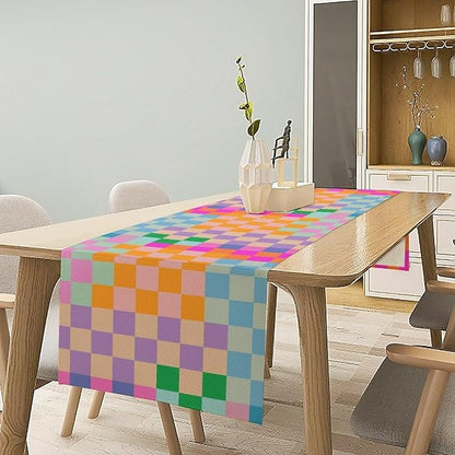 Retro Checkered Table Runner, Bright Rainbow Colorful Modern Groovy Aesthetic - Image 3
