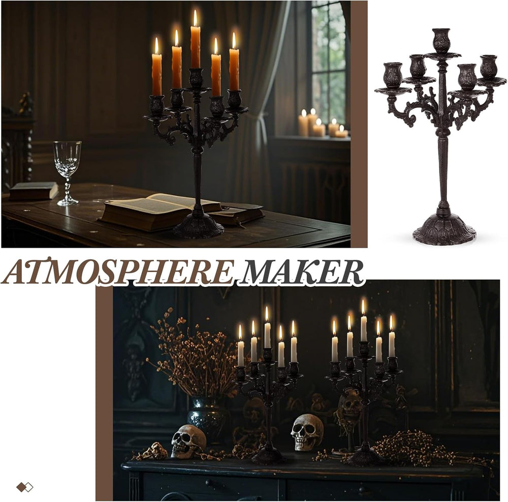 Mumufy 2 Pcs 5 Arm Black Halloween Candelabra 16.7" Tall Cast Iron Vintage
